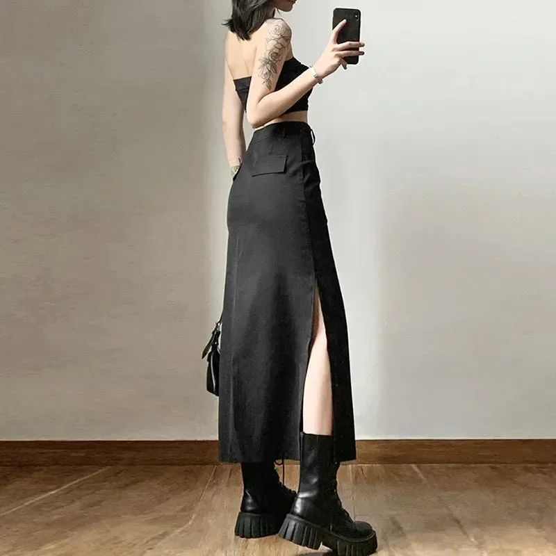 Gothic Punk High Waist Midi Skirt – Edgy & Chic
