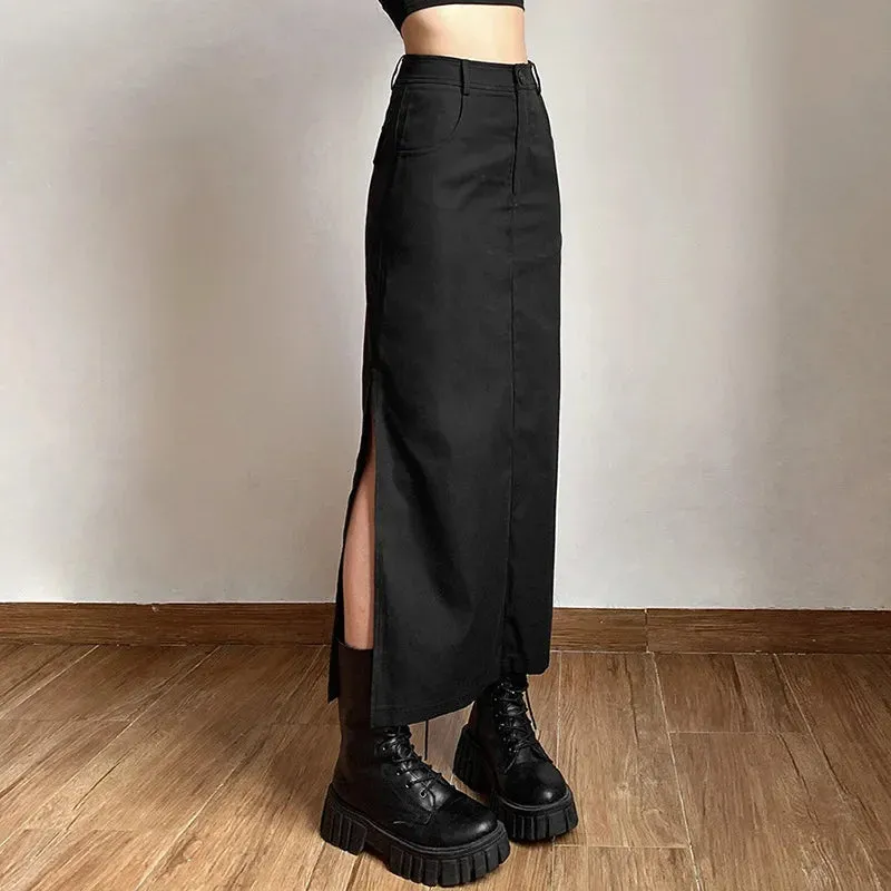 Gothic Punk High Waist Midi Skirt – Edgy & Chic