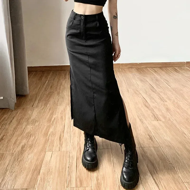 Gothic Punk High Waist Midi Skirt – Edgy & Chic
