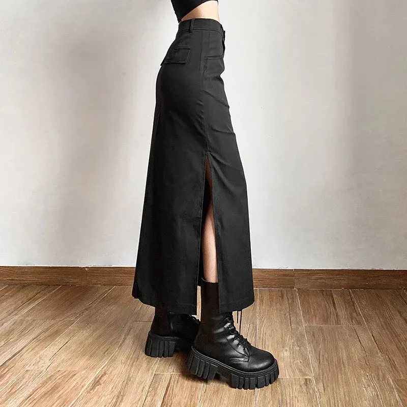 Gothic Punk High Waist Midi Skirt – Edgy & Chic