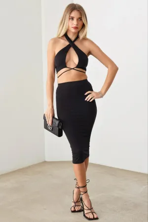 Halter Crop Bra Front Tie Closure Top & Midi Bodycon Elastic Waist Skirt Set