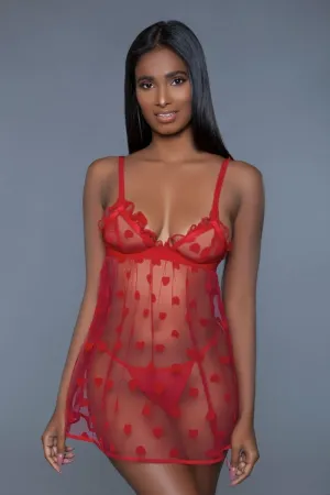 Red Fine Mesh 1 Piece Heart Designed Slip Dress