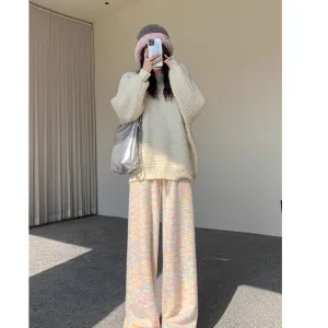 Wenkouban Rainbow Color Pants Women's Autumn and Winter 2024 High Waist Draping Soft Glutinous Wide-Leg Pants Casual Knitted Fleece-Lined Pants
