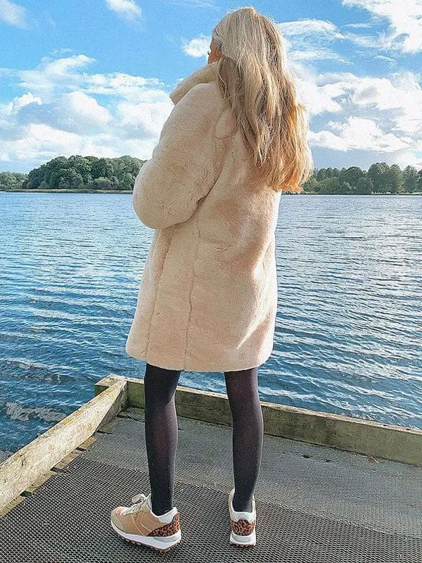 Women Faux Fur Coats Apricot Long Sleeves Turndown Collar Casual Long Winter Coat