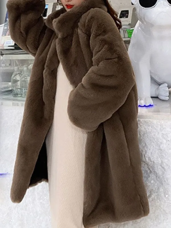 Women Faux Fur Coats Apricot Long Sleeves Turndown Collar Casual Long Winter Coat