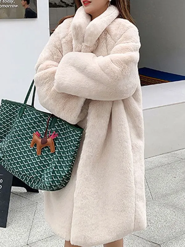 Women Faux Fur Coats Apricot Long Sleeves Turndown Collar Casual Long Winter Coat