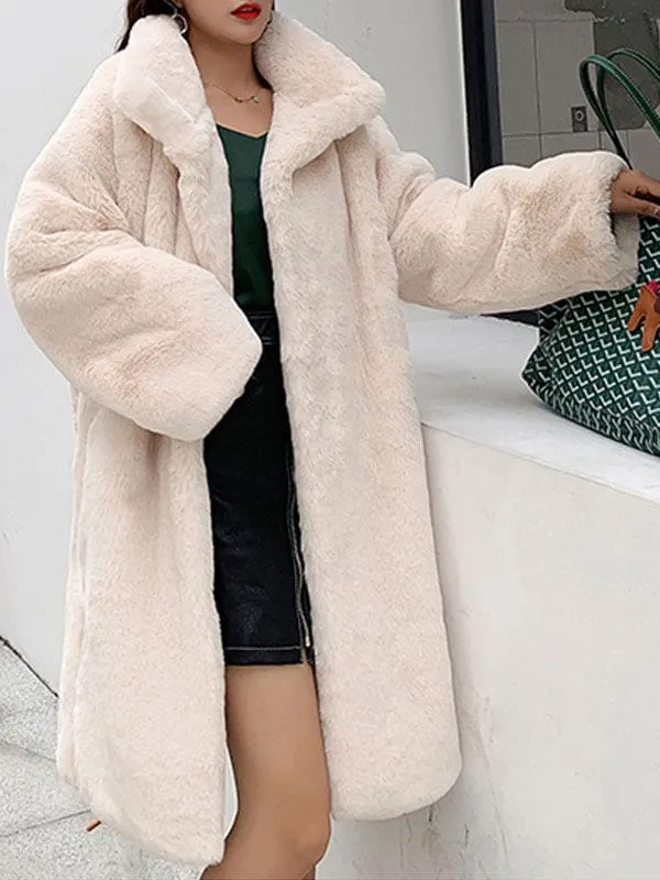 Women Faux Fur Coats Apricot Long Sleeves Turndown Collar Casual Long Winter Coat