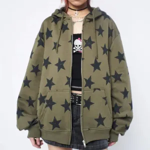Y2K Vintage Star Oversized Zip-Up Hoodie – Harajuku Goth Streetwear Sweatshirt